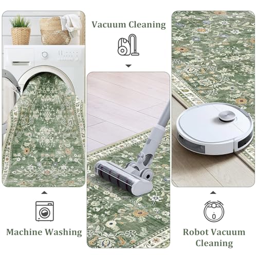 2x8 Washable Floral Runner Rug, Non-Slip Sage Green Boho Kitchen Carpet