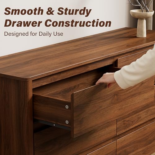 55-Inch 6-Drawer Mid-Century Modern Wood Dresser, Walnut Bedroom Chest