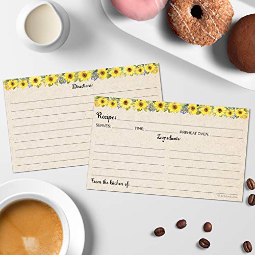 3x5 Sunflower Recipe Cards Set of 50 - Small Tan Kraft Kitchen Notes