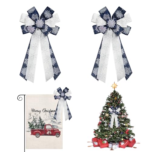 Hying 2pc Large Blue Snowflake Christmas Wreath Bow | Burlap Glitter Tree & Door Topper