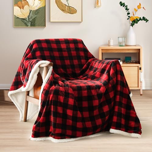 BEAUTEX Twin Sherpa Fleece Buffalo Plaid Blanket - 60x80 inches, Red