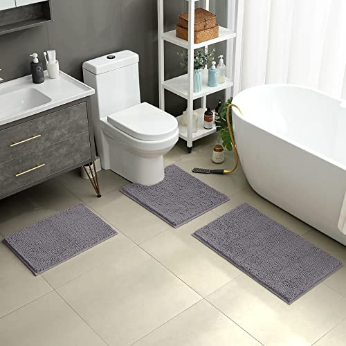 HOMEIDEAS 3-Piece Chenille Bathroom Rug Set, Soft Absorbent & Non-Slip Bath Mats, Grey