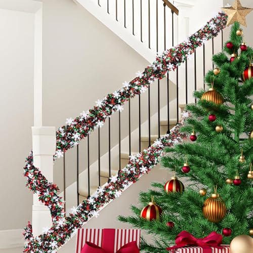 50ft Christmas Metallic Tinsel Garland with Snowflakes - Red and Green