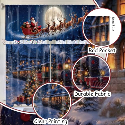 Breling Night View Christmas Kitchen Curtains Set – Santa Sleigh Reindeer Snowy Night Valance & 2 Tier Panels