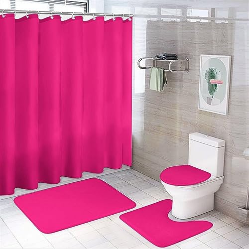 4-Piece Hot Pink Bathroom Shower Curtain Set with Non-Slip Rugs