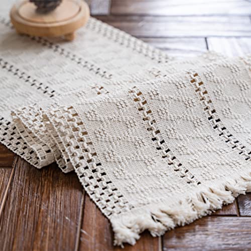 Macrame Table Runner, 12x71 Inch Boho Woven Cotton with Tassels