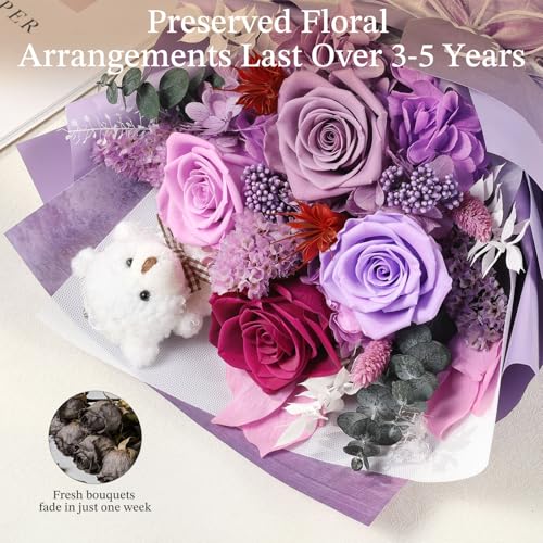 Preserved Purple Rose Bouquet with Bear in Gift Box - Eternal Floral Gift
