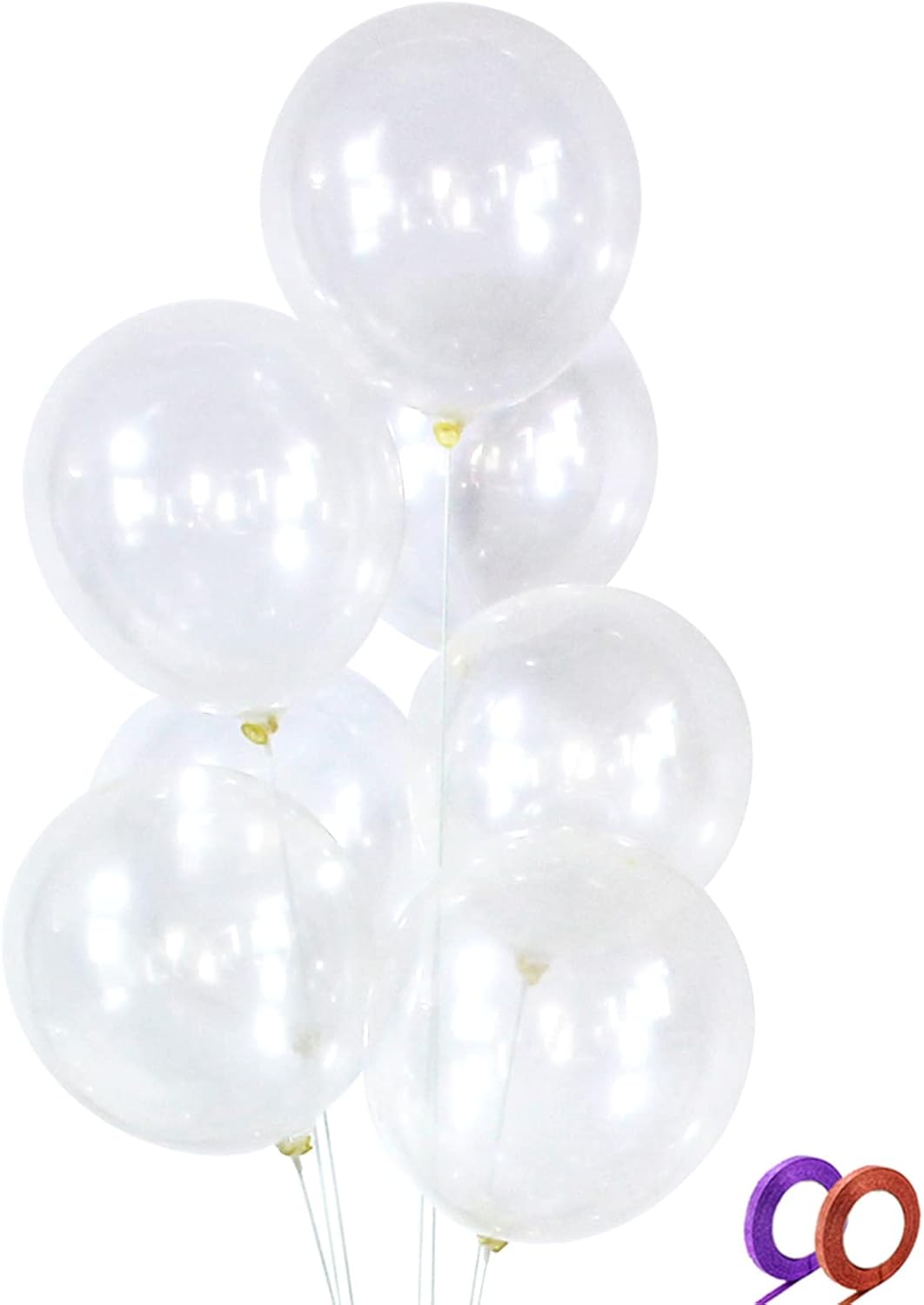 Skiennix Clear Latex Balloons - 100 Pack 12 Inch Transparent Helium Balloons for Parties | Includes 2 Ribbon Rolls
