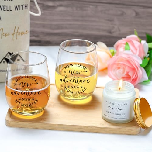New Home Gift Basket with Wine Glasses and Scented Candle