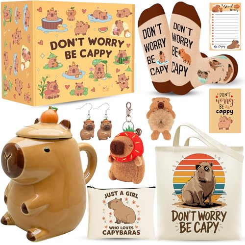 Capybara Lover Gift Set - 10 Pieces: Capybara Themed Cup, Tote Bag, Makeup Bag, Socks, Hairband, Sticky Notes, Earrings & Greeting Card