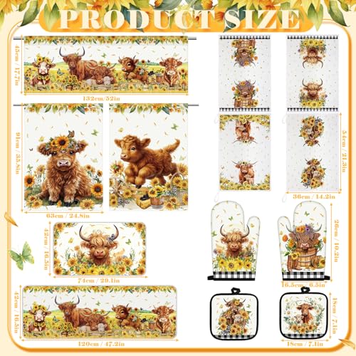 13-Piece Sunflower Highland Cow Kitchen Decor Set with Curtains and Rugs