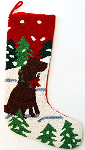 Large 21-inch Alpine Mountain Chocolate Labrador Christmas Stocking - Wool Hooked Holiday Decor