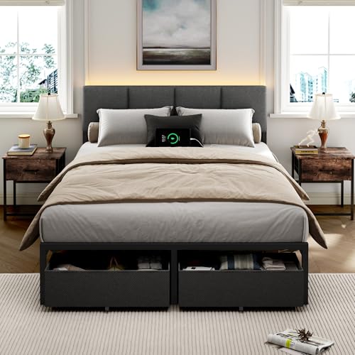 Full Size Platform Bed Frame with LED Headboard, Storage Drawers & USB