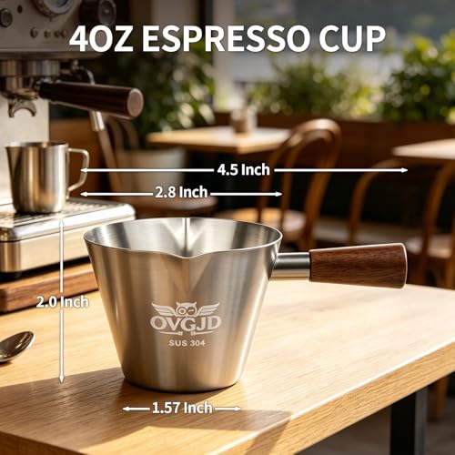 Silver 4Oz Stainless Steel Espresso Shot Cups with Measurement & Walnut Handle