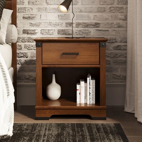 Child Craft Redmond Nightstand in Coach Cherry - Rustic Nursery Bedside Table with Drawer & Shelf
