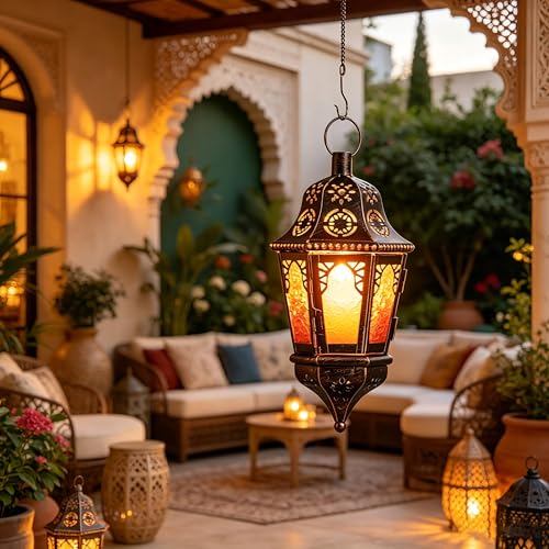 Moroccan Hanging Candle Lantern with Chain - 13.6" Amber Glass Decor