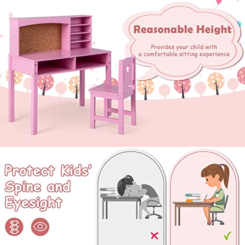 Kids Study Desk and Chair Set with Storage Hutch and Bulletin Board - Pink