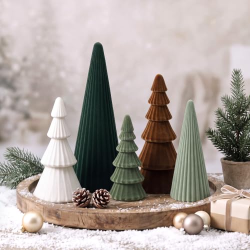 Leinuosen Velvet Ceramic Christmas Trees (Set of 5) - Green Assorted Sizes