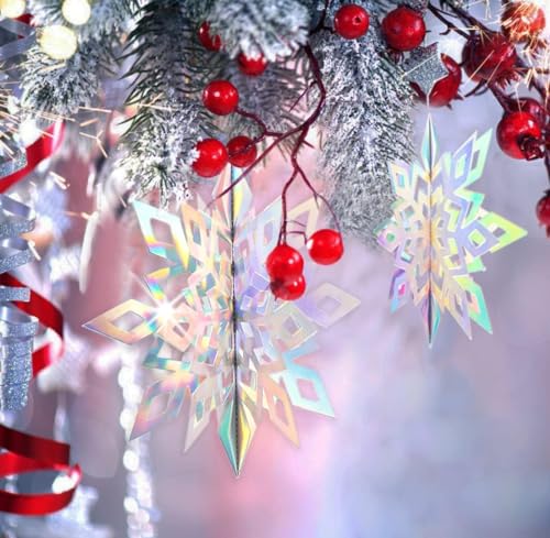 3D Iridescent Paper Snowflake Hanging Decorations for Christmas - 15 Pack