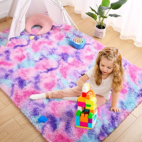 Soft Rainbow Area Rug - 3x5 Feet Fluffy Kids Room & Nursery Carpet