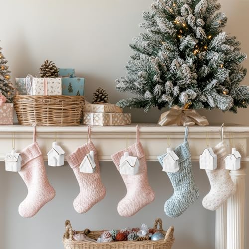 9 Pieces Small White Ceramic Village House Ornaments for Christmas Tree Hanging Decorations with Gold Ropes Mini Xmas Figurines Set Stocking Stuffers Table Centerpieces