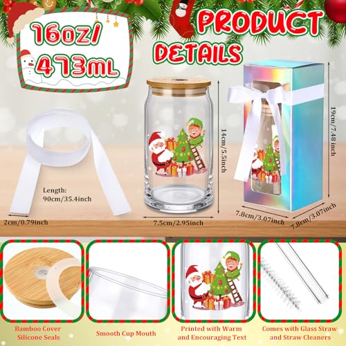 Christmas Glass Cups Set - 12 Pcs 16 oz Tumbler with Santa Gift & Accessories