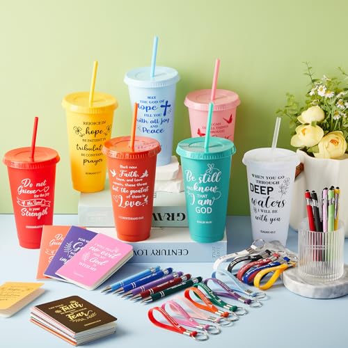 Hollowfly 48 Pc Christmas Christian Gift Set (Colorful) – 12 Bible Verse Cups, Notebooks, Pens & Keychains
