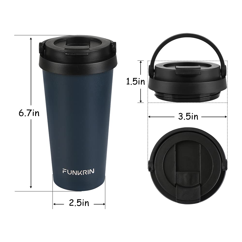 Funkrin Insulated Coffee Mug with Ceramic Coating, 16oz Iced Coffee Tumbler Cup with Flip Lid and Handle, Double Wall Vacuum Leak-Proof Travel Mug for Office School Party Camping