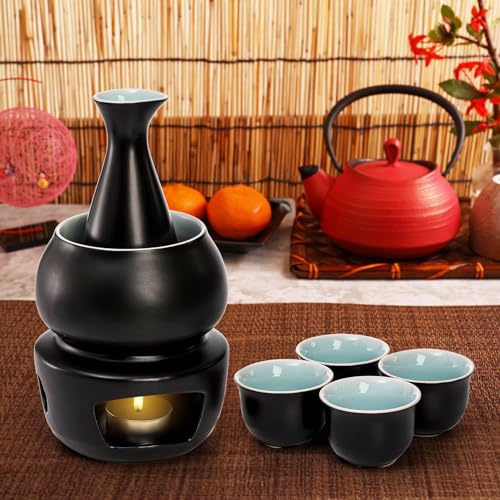 Ceramic Sake Set with Warmer - Hot & Cold Sake Drinking Kit, 7 Pieces