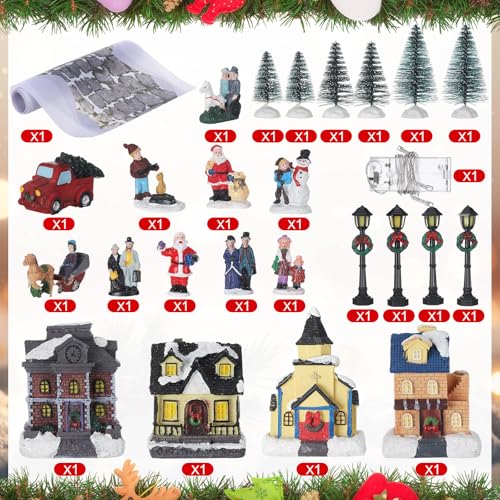 Wettarn Classic Lighted Christmas Village Houses Set - 27 Pcs Holiday Figurines