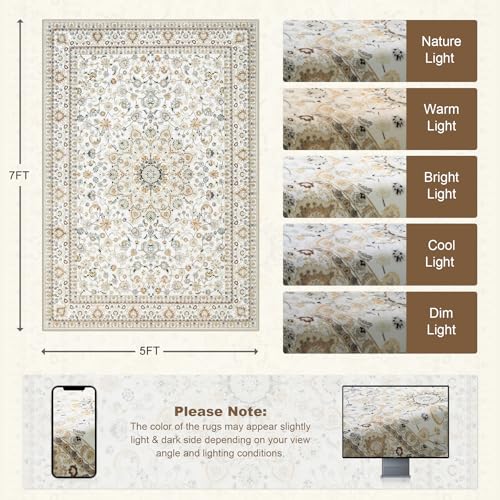 5x7 Washable Vintage Area Rug - Soft Non-Slip Beige Floral Boho Rug