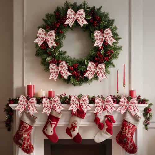 Realspring 12-Pack 6.3in Red Santa Toile de Jouy Christmas Bows - French Sketch