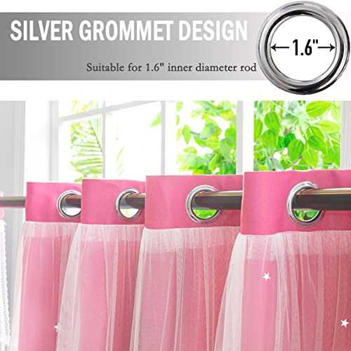 Girls Star Blackout Curtains with Tulle Overlay, 63-inch Pink Purple