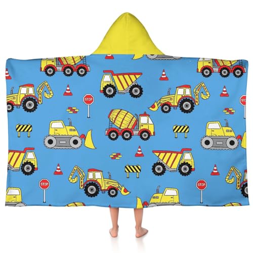 Kids Hooded Construction Truck Bath & Beach Towel - Soft Absorbent Cotton