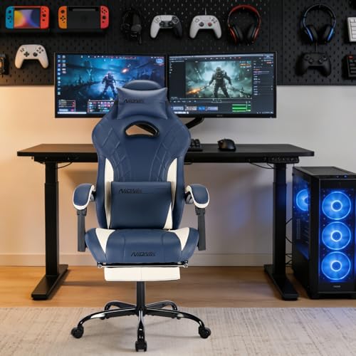 Ergonomic Gaming Chair with Footrest and Massage Lumbar Support - Blue