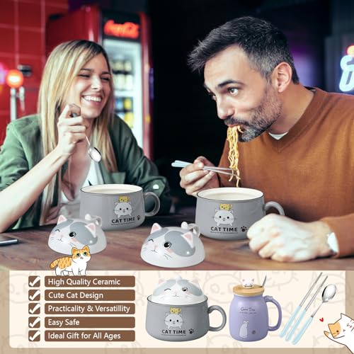 FoldTier Set of 2 Ceramic Cat Mug and Ramen Bowl with Lids - Purple & Gray