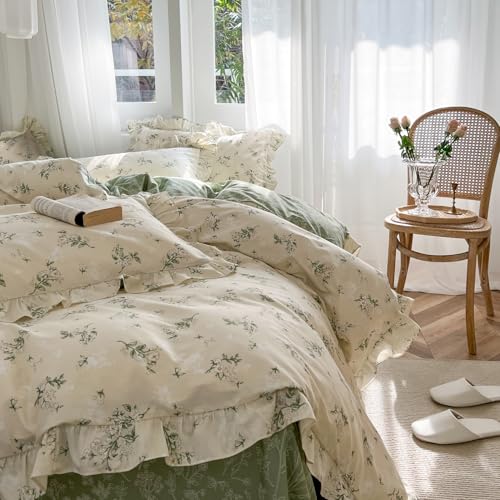 Reversible Sage Green Floral Duvet Cover Set - 100% Cotton Queen Bedding with Ruffle Lace