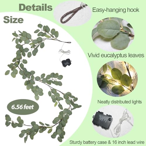 6.56ft Eucalyptus Garland with 96 LED Lights, Battery Operated Vine Decor