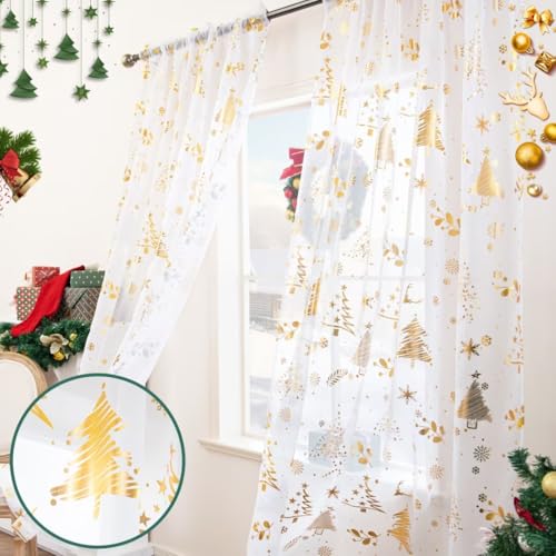 Karseteli Christmas Tree Gold Foil Curtains 2 Panels 52W x 63L White (Pack of 2) Rod Pocket