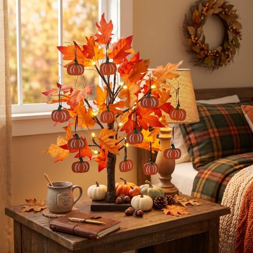 Lighted Maple Leaves Tree with Pumpkin Ornaments - 24" Fall Decor