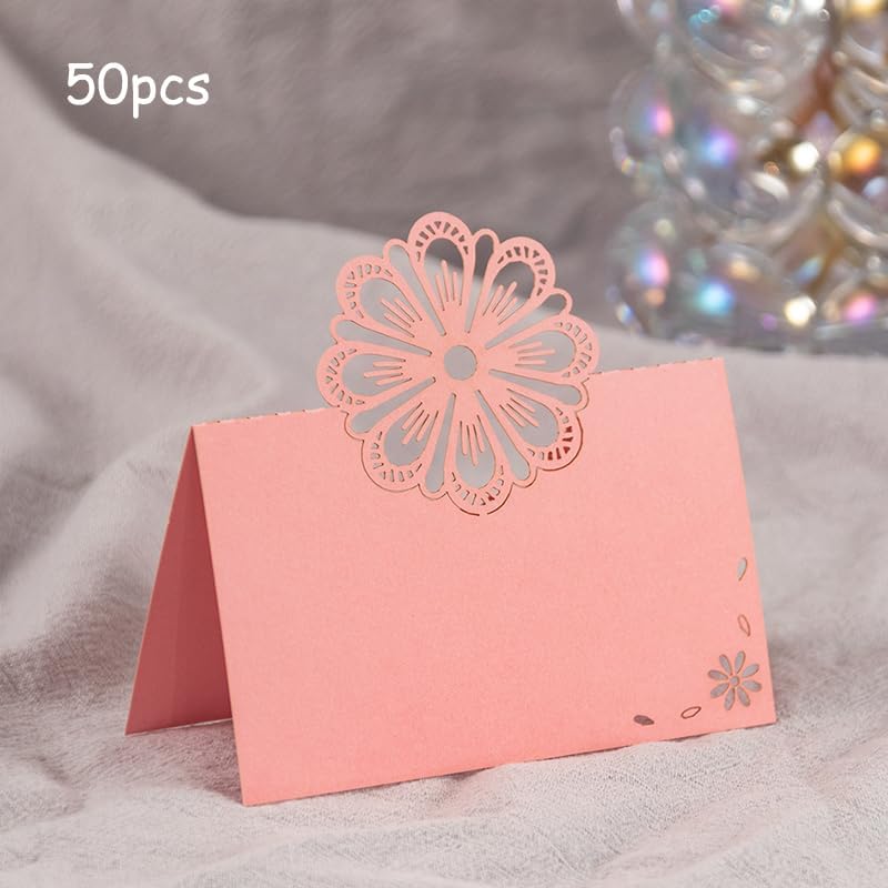 Wanty Pink 50 Pack Hollow Flower Table Cards for Weddings & Bridal Showers — Foldable Place Cards