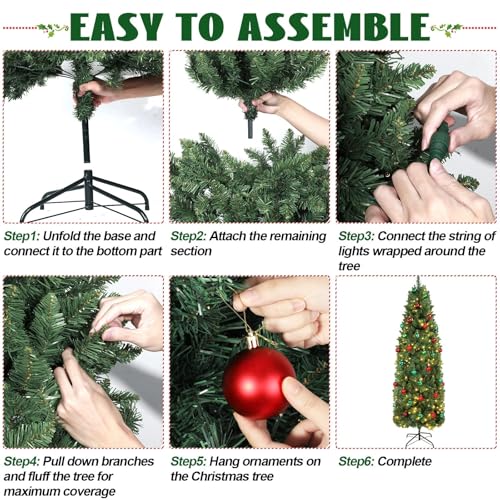 Justforjoyful 31-Pcs 6 Ft Slim Christmas Tree with 200 LED Warm White Lights, Red & Green Ornaments, Metal Stand