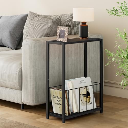 Homleke Narrow Black Side Table with Magazine Holder - Rustic End Table