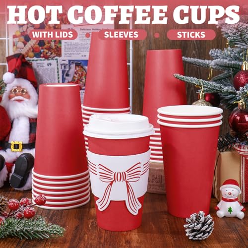 50 Pack Christmas Red Coffee Cups with Lids & Bow Sleeves 16oz Disposable Holiday Drinkware