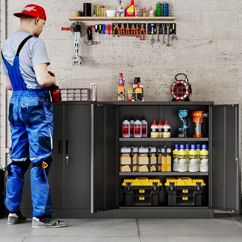 36-Inch Metal Locking Storage Cabinet with 2 Adjustable Shelves, Black