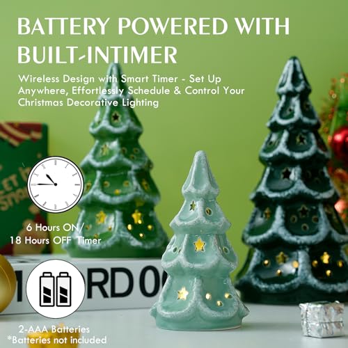 Green Ceramic Christmas Tree with Lights & Timer - Set of 3 Holiday Decor