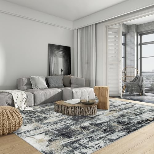 8x10 Washable Abstract Area Rug - Black, Grey & Gold Non-Slip Carpet