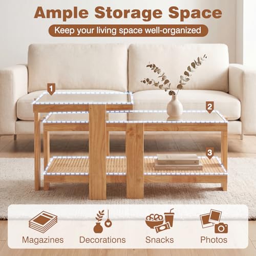 2-Piece Nesting Coffee Table Set with Rattan Accents and Glass Top