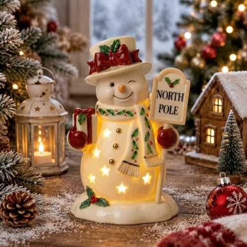 VIHOSE 7 Inch Ceramic Lighted Snowman Figurine with LED Holiday Lights