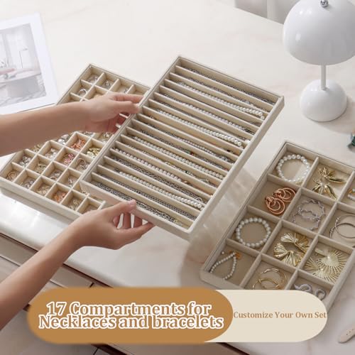 Stackable Velvet Jewelry Tray Organizer, 16-Grid Drawer Inserts (2 Pack)
